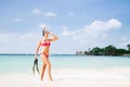 Young woman in divind equipment on the sea Royalty Free Stock Photo