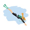 A young woman in diving suit snorkeling. Vector flat cartoon ill