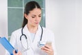 Young woman doctor with medicine equipment working at hospital