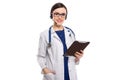 Young woman doctor with stethoscope and headphones holding tablet in her hands in white uniform on white background Royalty Free Stock Photo