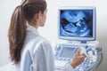 Young woman doctor is viewing an ultrasound result to test for visible trisomy 21 signs