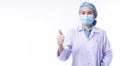 Young woman doctor wear uniform coat and mask while showing thumb up for good job over isolated white background. Healthy care and Royalty Free Stock Photo