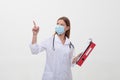 young woman doctor weared mask staying on white background in mask with phonendoscope holding folder
