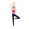 Young woman does yoga exercise, yoga pose. Vector illustration of girl standing in pink sport bra and dark blue leggings Royalty Free Stock Photo