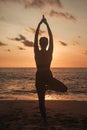 Young woman does yoga for healthy lifestyle on sea beach Royalty Free Stock Photo