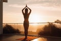 A young woman does yoga in the sun in the morning created with generative AI technology