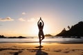 A young woman does yoga in the sun at a tropical beach created with generative AI technology