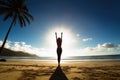 A young woman does yoga in the sun at a tropical beach created with generative AI technology