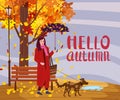 Young woman with dog and umbrella in the autumn park city, trendy clothes street fashionable style outwear female, fall