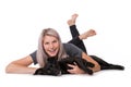 Young woman with dog on white background Royalty Free Stock Photo