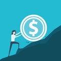 Young woman doing business rolling up the hill an dollar coin. Flat design illustration for financial and investmen. Trendy vector Royalty Free Stock Photo
