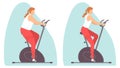 Young woman doing cardio exercise on a exercise bike. A fat and slim woman. Gym. Weight loss. Healthy lifestyle. Vector