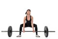 Young woman doing deadlift with a barbell isolated on white Royalty Free Stock Photo