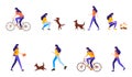 Young woman doing different outdoor activities: running, cycling, rollerblading, walking with dog, traveling. Active and Royalty Free Stock Photo