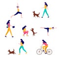 Young woman doing different outdoor activities: running, doing yoga, cycling, walking the dog, traveling. Vector Royalty Free Stock Photo