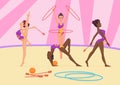 Young woman doing the different types of gymnastics. Vector illustration.