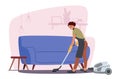 Young Woman Doing Domestic Work, Cleaning Floor Carpet under Sofa with Vacuum Cleaner. Household Vacuuming Home Activity