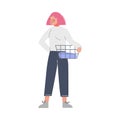 Young Woman Doing Laundry at Home or Public Laundrette, Girl Holding Basket of Dirty Clothes Flat Style Vector