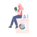 Young Woman Doing Laundry at Home or Public Laundrette, Girl Sitting on Washing Machine and Reading Book Flat Style Royalty Free Stock Photo