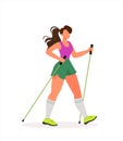 Young woman doing Nordic walking. Flat vector illustration. Active healthy lifestyle