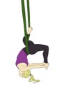 Young woman is doing one-legged king pigeon inverted pigeon aerial, fly yoga pose with aerial silk hammock.