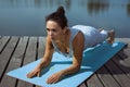 Young woman doing plank exercise on a gymnastic mat. Meditation, yoga in nature Royalty Free Stock Photo