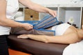 Young woman doing a pressotherapy treatment in a clinic. Body care