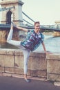 Young woman doing swan yoga pose at Budapest, Hungary Royalty Free Stock Photo