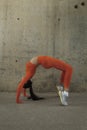 Young woman doing the wheel. Urdva dhanurasana yoga pose. Flexible athlete doing a backbend. Copy space.