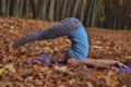 Young woman doing yoga asanas in autumn forest. Halasana