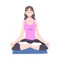 Young Woman Doing Yoga, Girl Sitting On Floor in Lotus Position and Meditating Cartoon Style Vector Illustration