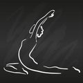 Young woman doing yoga one stroke drawing on black chalkboard, Swallow pose asana, simple vector illustration