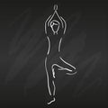 Young woman doing yoga one stroke drawing on black chalkboard, Swallow pose asana, simple vector illustration