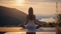 Young woman doing Yoga and stretching muscle in morning, wellness, fitness, Vitality, healthy girl meditation against mountain Royalty Free Stock Photo