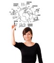 Young woman drawing globe with diagrams isolated on white Royalty Free Stock Photo