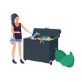 Young woman with dreadlocks picking leftover food from garbage container or trash bin. Female freegan dumpster diving Royalty Free Stock Photo