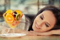 Young Woman Dreaming with Fruit Salad Dessert Royalty Free Stock Photo