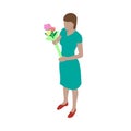 Young woman in a dress holds a bouquet of flowers in his hands. Romantic lady in isometric view