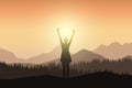 Young woman in dress with raised hands in mountain landscape wit