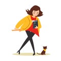 Young woman dressed casually walking fast past a cute cat