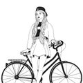Young woman dressed in cool trendy clothes leaning her back on bike. Stylish girl with bicycle drawn with contour lines