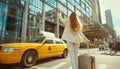 Young woman dressed elegant Business Suit outfit calling yellow taxi cab raising arm gesture in city airport arrival zone. Royalty Free Stock Photo