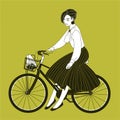Young woman dressed in elegant clothes riding city bike drawn with contour lines on yellow background. Fashionable lady