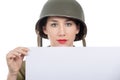 Young woman dressed in ww2 US  military uniform with helmet show Royalty Free Stock Photo