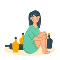 Young woman drinking alone. Alcohol abuse and depression problem of female. Woman alcoholism social problem.