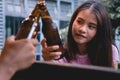 Young woman drinking beer. Party people enjoying summer day. Hap Royalty Free Stock Photo