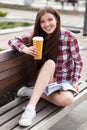 Young woman drinking coffee on a bicycle trip Royalty Free Stock Photo