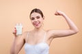 Young woman drinking a fresh glass of milk. Young woman enjoy pure fresh milk. Thirsty woman hold glass milk. Healthy Royalty Free Stock Photo