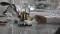 Young woman drinking tea in the morning. hand closeup