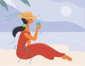 Young woman drinking wine on the beach. The brunette is resting on the sea. Vector illustration of a dark-haired girl Royalty Free Stock Photo